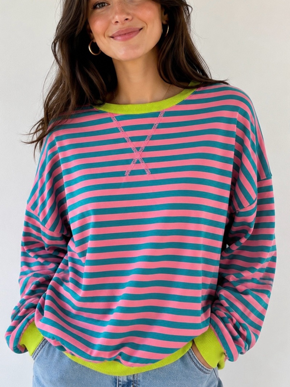 Sialanci Oversized Striped Crewneck Sweatshirt with Neon Trim